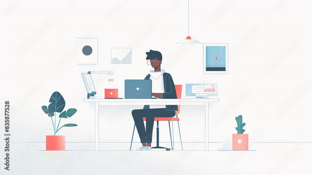 An illustration in 2D flat style featuring a Gen Z individual engaged in remote work, using digital tools like video conferencing. The minimalist design emphasizes the flexibility and adaptability of An illustration in 2D flat style featuring a Gen Z individual engaged in remote work, using digital tools like video conferencing. The minimalist design emphasizes the flexibility and adaptability of