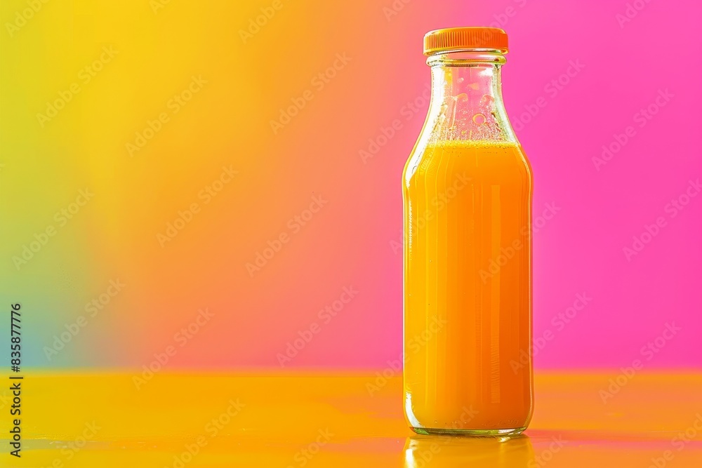 A vibrant vegetable juice in a clear glass bottle, set against a colorful and energetic background. The image includes space for text on the side, ideal for advertising. A vibrant vegetable juice in a clear glass bottle, set against a colorful and energetic background. The image includes space for text on the side, ideal for advertising.
