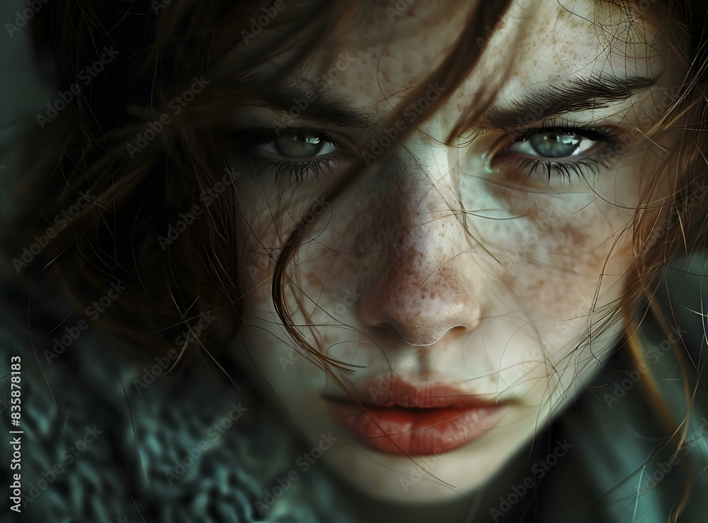 portrait of a young woman with freckles and green eyes