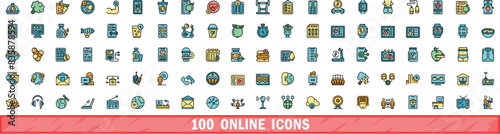 100 online icons set. Color line set of online vector icons thin line color flat on white