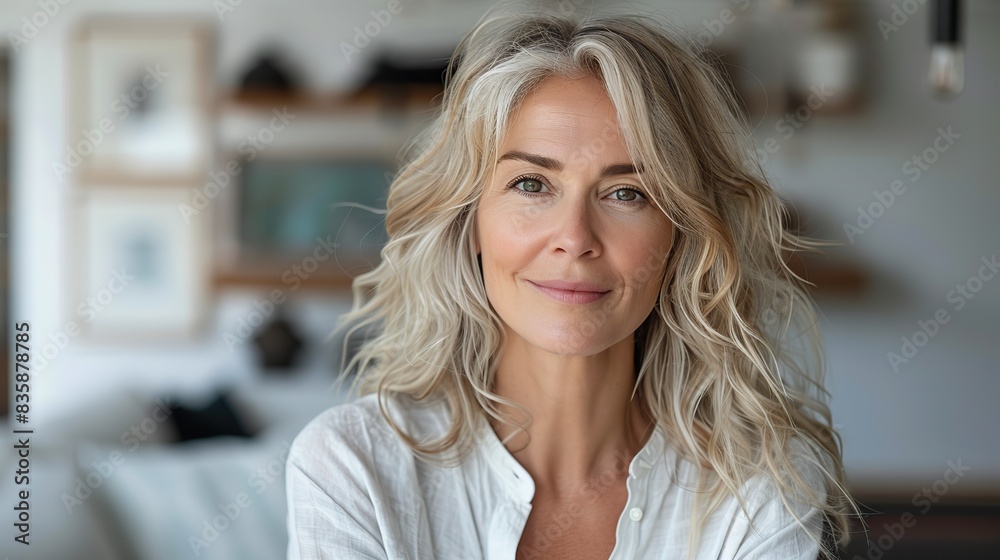 senior blonde woman looking at the camera while standing against white background .stock photo