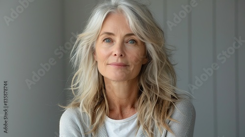 senior blonde woman looking at the camera while standing against white background .stock illustration