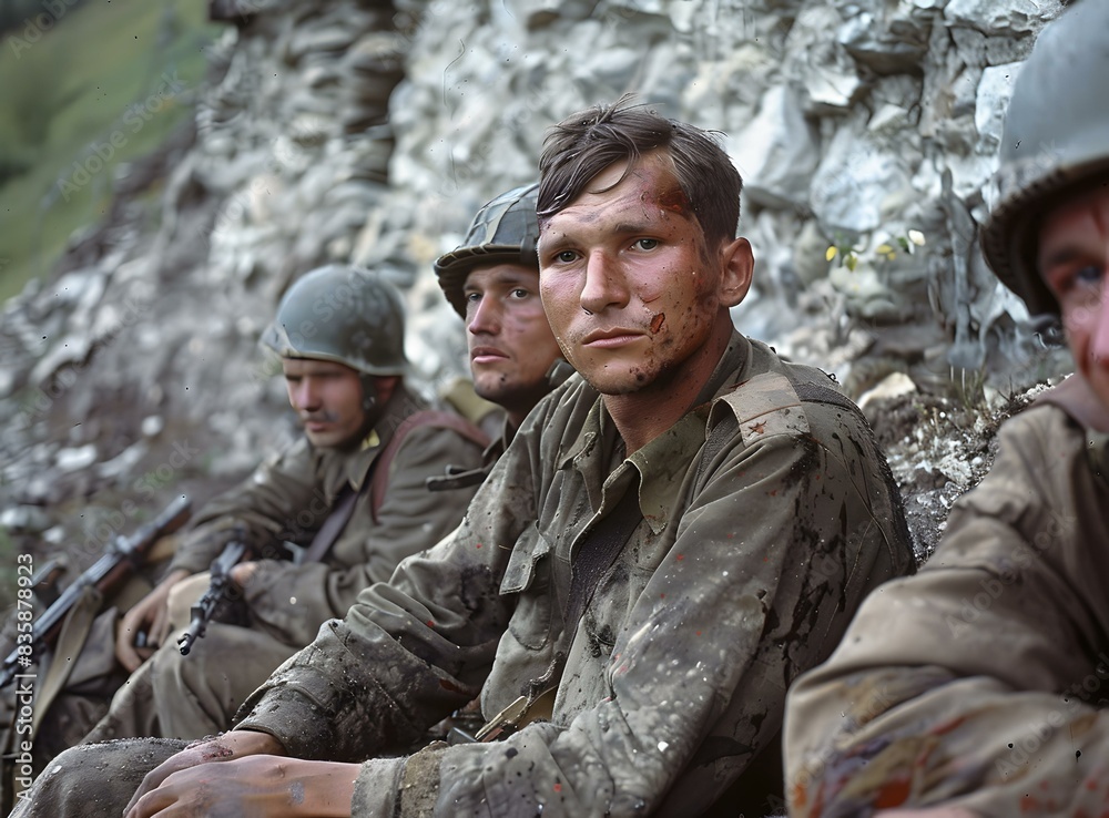 Three soldiers in a rocky terrain during World War II Three soldiers in a rocky terrain during World War II