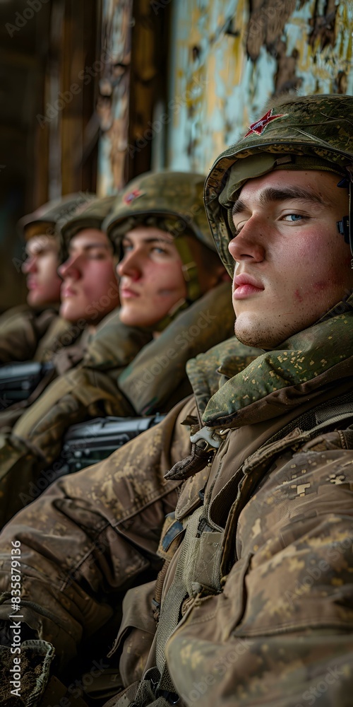 Four Russian Soldiers in Military Uniform and Helmets Four Russian Soldiers in Military Uniform and Helmets