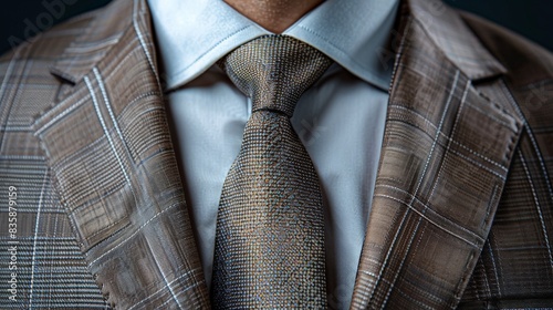 Close-Up of a Brown Plaid Suit Jacket With a Matching Tie