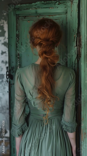 A woman with long red hair wearing a green dress standing in front of a green door