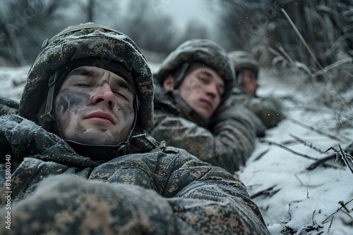 Three soldiers sleeping in the snow