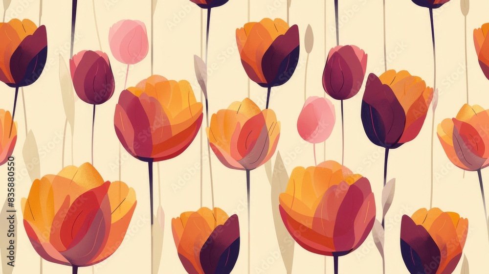 Obraz premium Vibrant tulip petal in Sunshine yellow, tan, deep pink, and eggplant colors against a backdrop of serene negative space.