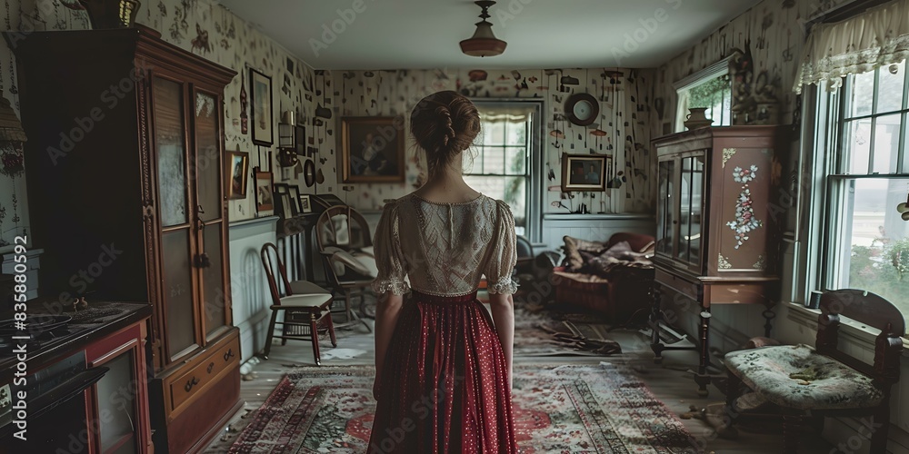 Naklejka premium woman standing in a room full of antiques