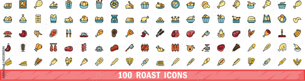 Fototapeta premium 100 roast icons set. Color line set of roast vector icons thin line color flat on white