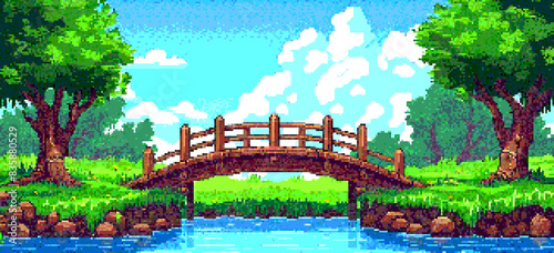 8-bit pixel art game assets of wooden bridges over a river with grass and trees in the background photo