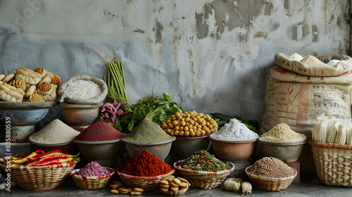 Detailed side view of traditional Nepali grocery items, showcasing colorful spices in ceramic bowls, a large sack of rice with grains scattered, assorted beans in woven baskets, a variety of fresh