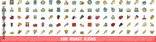 100 roast icons set. Color line set of roast vector icons thin line color flat on white