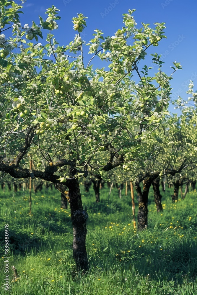A serene orchard in full bloom, with trees laden with fruits and a clear blue sky. The scene is peaceful and bountiful. A serene orchard in full bloom, with trees laden with fruits and a clear blue sky. The scene is peaceful and bountiful.