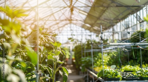 A modern greenhouse filled with vibrant plants and advanced growing systems. The background is bright and controlled.