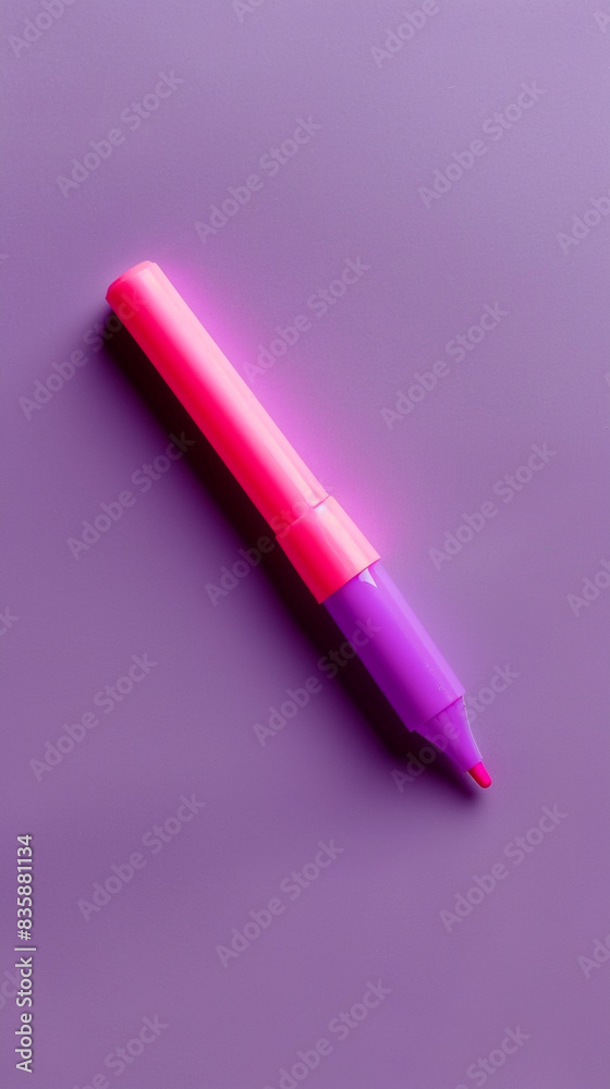 A pink highlighter placed in the top left corner of a solid purple background, ideal for marking important notes. A pink highlighter placed in the top left corner of a solid purple background, ideal for marking important notes.