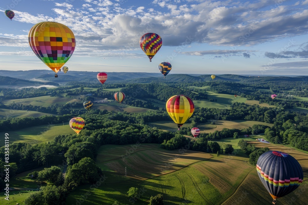 Naklejka premium A picturesque view of a hot air balloon ride over a stunning landscape, with colorful balloons in the sky.