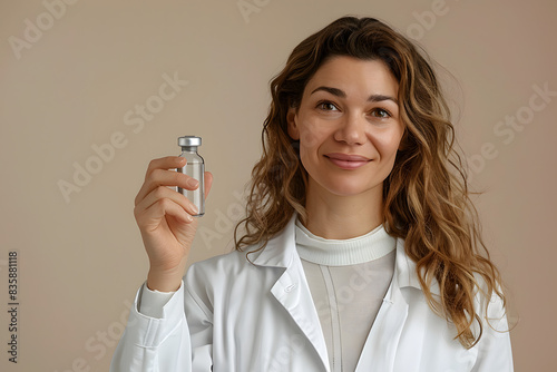 A woman in a white coat, holding a vaccine bottle, stands before a light plain background photo