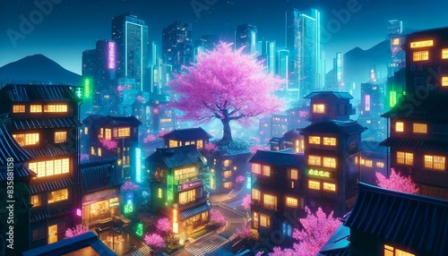 Fantasy Night City Japanese Landscape with Neon Lights and Sakura  Generative AI