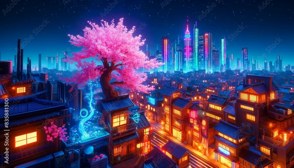 Fantasy Night City Japanese Landscape with Neon Lights and Sakura Tree, Generative AI