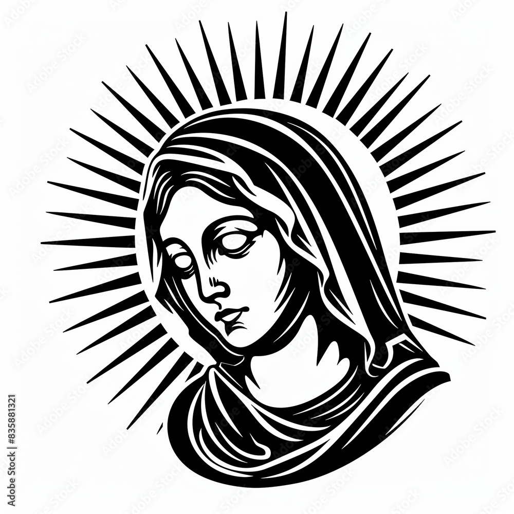 A black and white vector logo of the head portrait of Mary, mother of Jesus, in front of a halo with rays around her head. The lines clean and bold on an isolated background to mak A black and white vector logo of the head portrait of Mary, mother of Jesus, in front of a halo with rays around her head. The lines clean and bold on an isolated background to mak