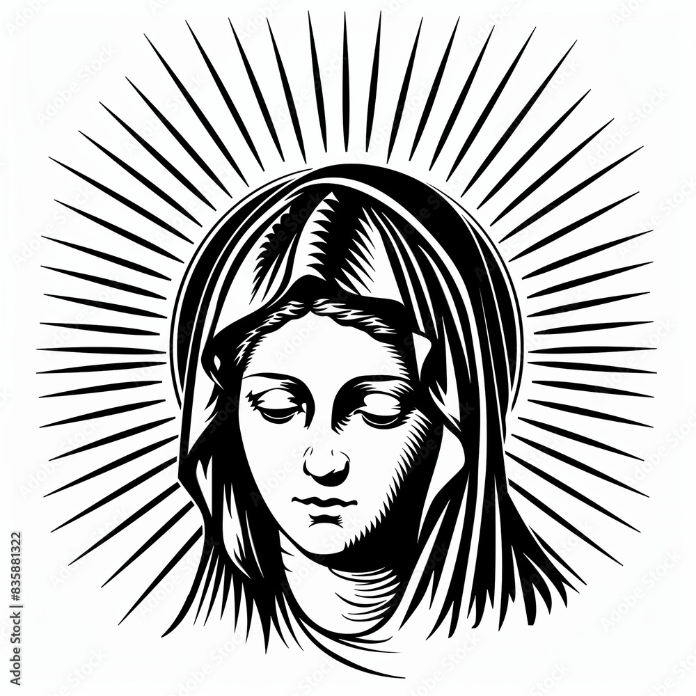 A black and white vector logo of the head portrait of Mary, mother of Jesus, in front of a halo with rays around her head. The lines clean and bold on an isolated background to mak A black and white vector logo of the head portrait of Mary, mother of Jesus, in front of a halo with rays around her head. The lines clean and bold on an isolated background to mak