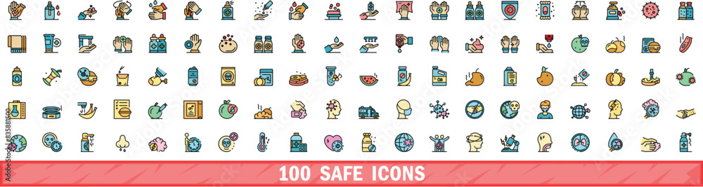 100 safe icons set. Color line set of safe vector icons thin line color flat on white 100 safe icons set. Color line set of safe vector icons thin line color flat on white