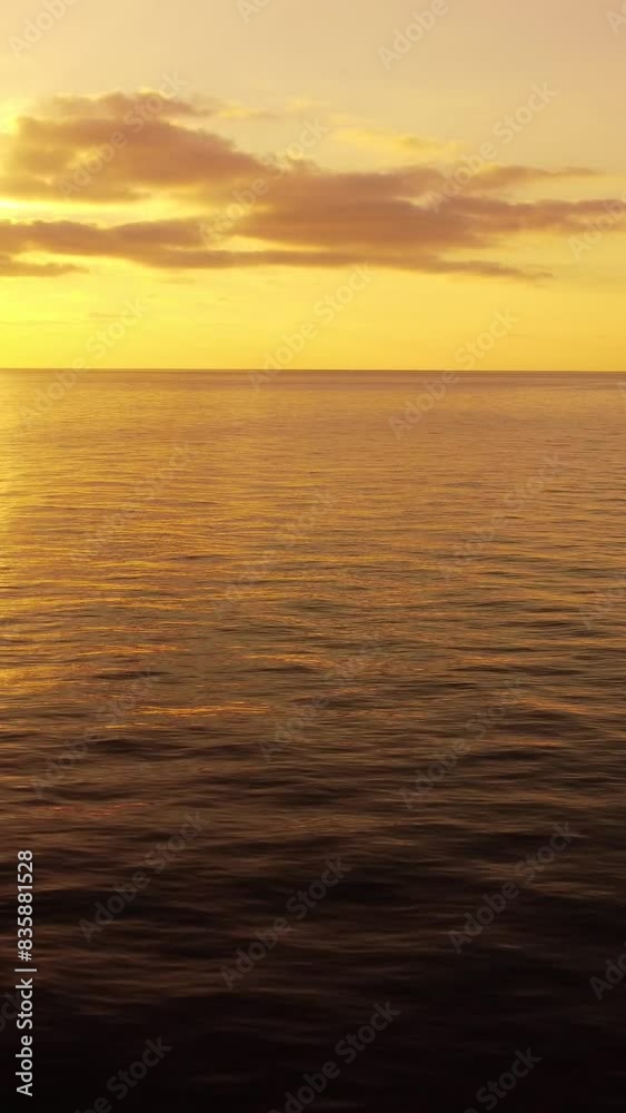 Sea water surface at sunset. Vertical aerial view, camera flies over calm golden sea. Sun glare. Abstract nautical summer ocean nature. Holiday and travel concept. Nobody. Weather and climate change