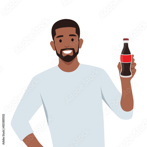Young man holding cola bottle. Flat vector illustration isolated on white background