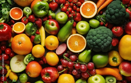 Mixture of fruits and vegetables on table.