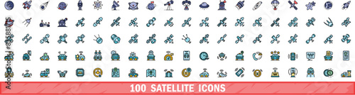 100 satellite icons set. Color line set of satellite vector icons thin line color flat on white