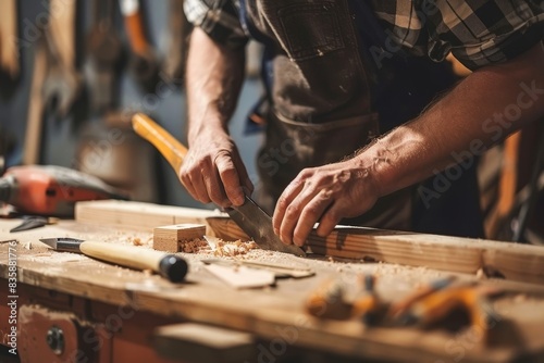 A close-up of a carpenter's hands working on a piece of furniture, with detailed tools and materials. The scene is focused and skilled.