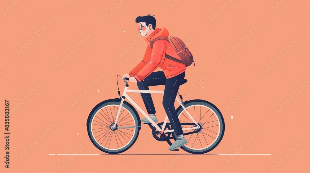 A flat design illustration of a character riding a retro bicycle, dressed in 80s fashion. The minimalist background focuses on the nostalgic appeal of classic designs and the character's retro A flat design illustration of a character riding a retro bicycle, dressed in 80s fashion. The minimalist background focuses on the nostalgic appeal of classic designs and the character's retro