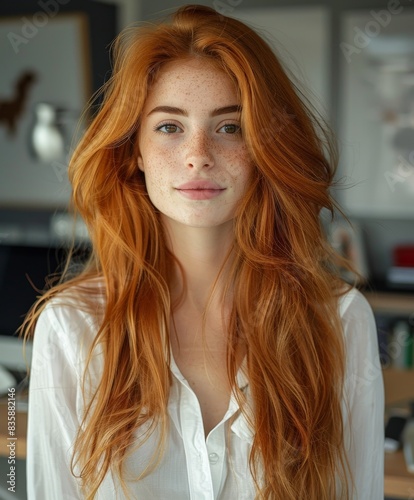 Portrait of a Woman With Long Red Hair in a White Shirt © BrandwayArt
