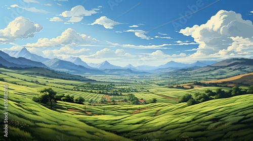 A detailed shot of a solar farm stretching across a vast landscape, representing large-scale renewable energy projects that contribute to reducing the global carbon footprint. Painting Illustration