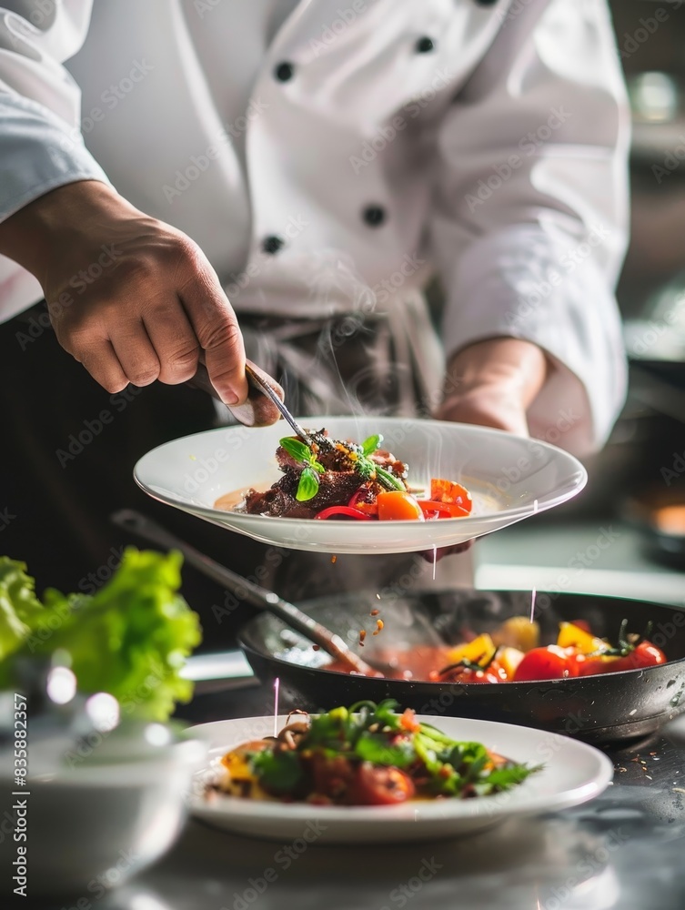 A professional chef preparing a dish in a high-end kitchen, with detailed ingredients and cooking techniques displayed.
