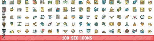 100 seo icons set. Color line set of seo vector icons thin line color flat on white