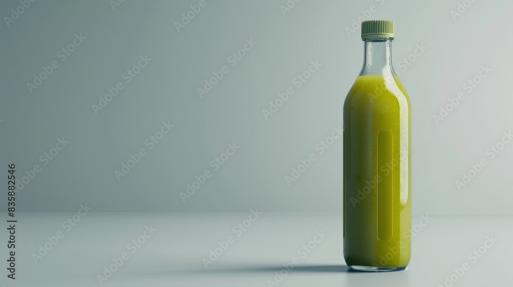 A premium vegetable juice displayed in a sleek glass bottle, set against a minimalistic background. The composition includes space for text on the right side, ideal for advertisements. A premium vegetable juice displayed in a sleek glass bottle, set against a minimalistic background. The composition includes space for text on the right side, ideal for advertisements.