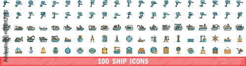 100 ship icons set. Color line set of ship vector icons thin line color flat on white photo