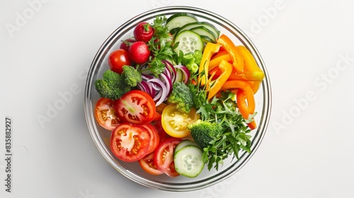 Freshly Cut Vegetables In Glass Bowl On White Background