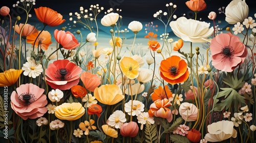 A vibrant image of a flower garden attracting various pollinators, highlighting the role of plants and insects in maintaining healthy ecosystems and their vulnerability to climate change. Painting