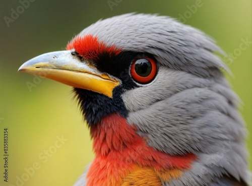 Detailed image of a bird showcasing vibrant red and gray feathers up close.