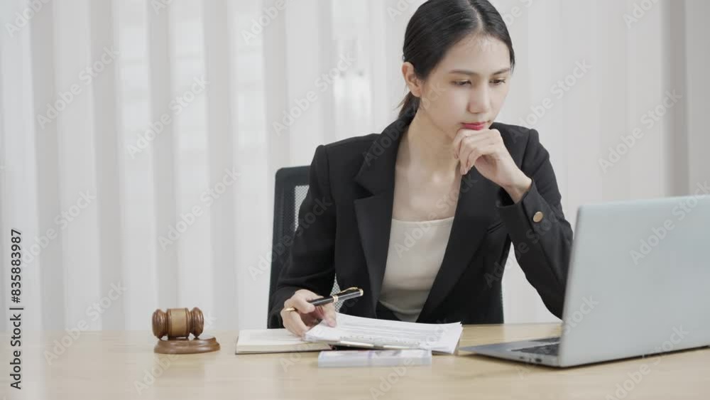 Beautiful young lawyer working in her office with statue of justice, attractive Asian woman in suit working on tablet with law books, laptop, law enforcement concept. Beautiful young lawyer working in her office with statue of justice, attractive Asian woman in suit working on tablet with law books, laptop, law enforcement concept.