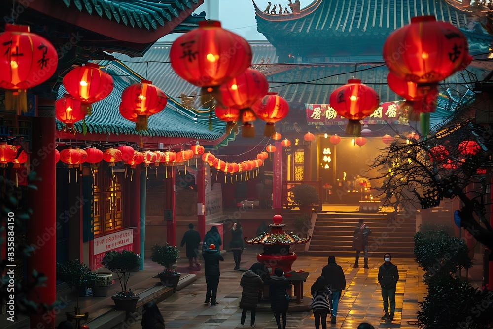 Obraz premium A serene temple courtyard filled with people praying on Chinese New Year’s Eve