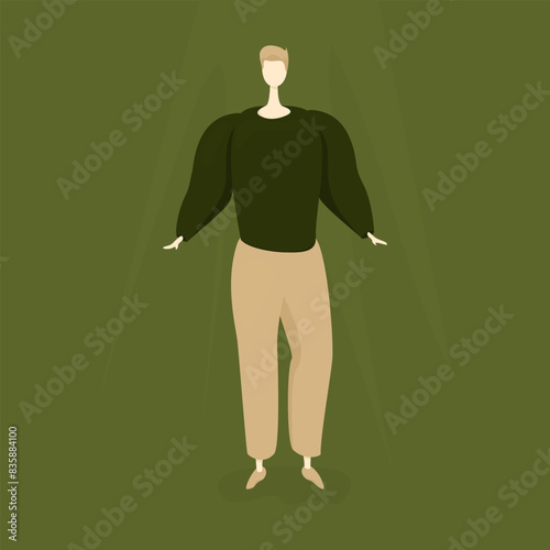Vector image of blond abstract man in green sweater and beige trousers on green background. Male figure conveying emotions of calmness and inspiration