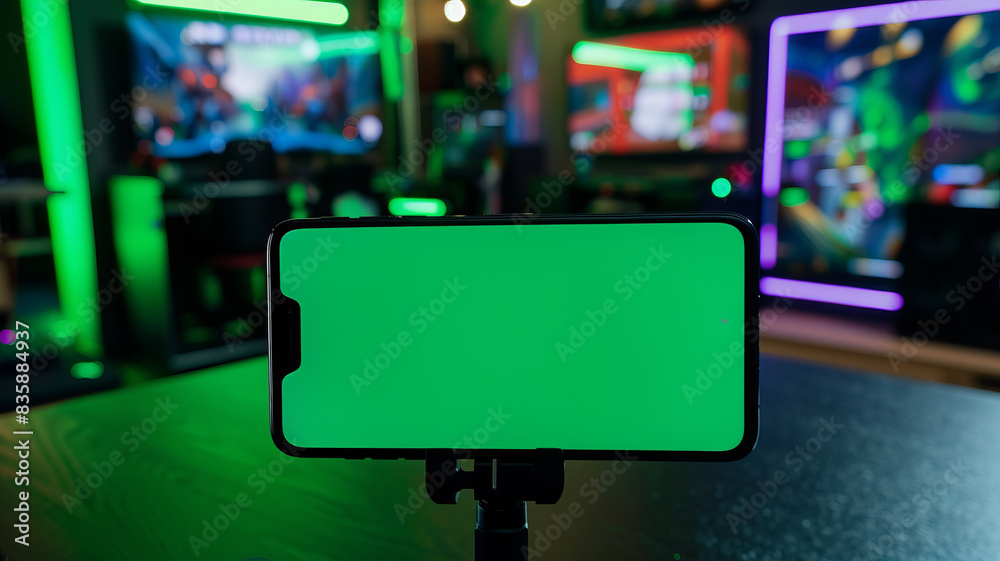 a horizontal smartphone in a gaming room, the phone has greenscreen and is angled straight towards the camera,generative ai a horizontal smartphone in a gaming room, the phone has greenscreen and is angled straight towards the camera,generative ai