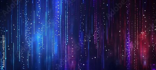 Dark blue background with glowing vertical lines and dots of different colors, representing data or sound waves 