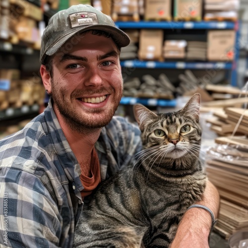 Man with Cat in Warehouse
