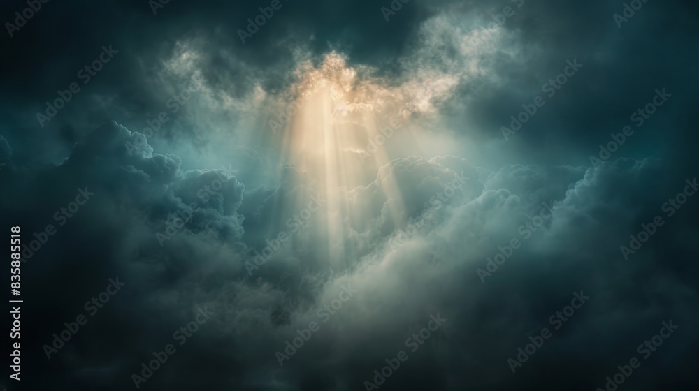 Fototapeta premium An ethereal light beam breaking through the clouds in a minimalist landscape. The light is soft and diffused, casting a gentle glow over the scene. This portrayal evokes feelings of spiritual