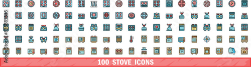 100 stove icons set. Color line set of stove vector icons thin line color flat on white